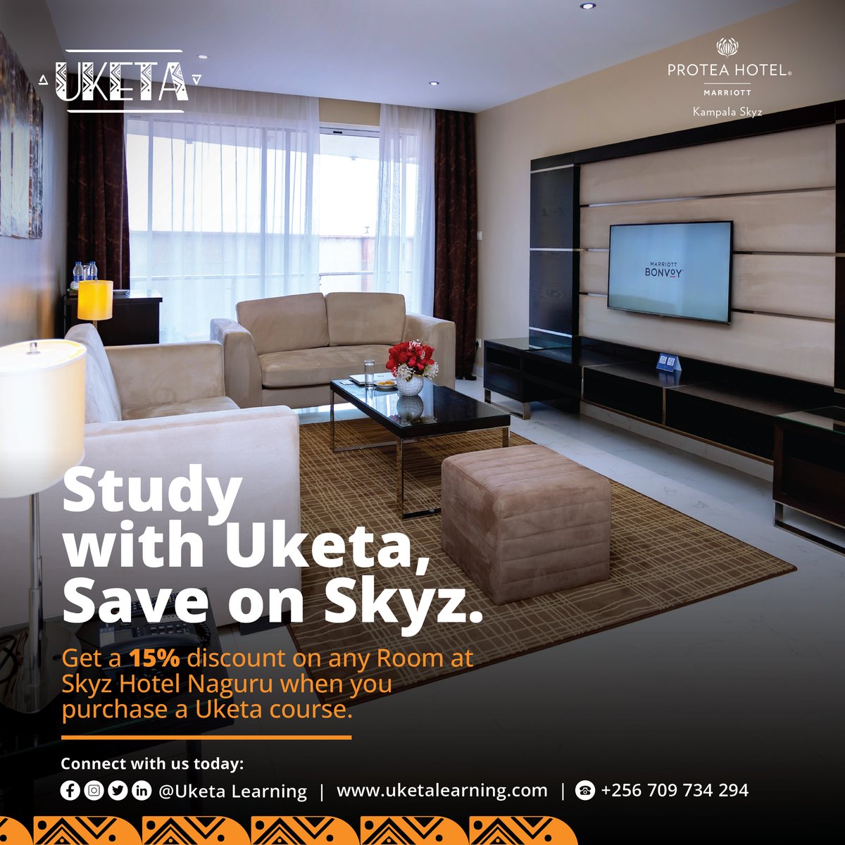 UketaLearning's tweet image. Study with Uketa. Stay at Skyz.
Get 15% OFF your room at @SkyzHotel, Naguru when you purchase a Uketa course.
Because learning should come with a view. 😉
📞 +256 709 734 294 for more information | Visit
uketalearning.com, to purchase.
#UketaVibes #StudyAndChill