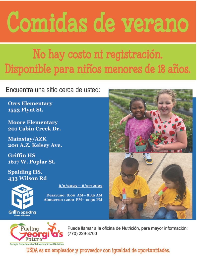 Free Summer Meals for Griffin-Spalding children 18 and under starting on Monday, June 2.