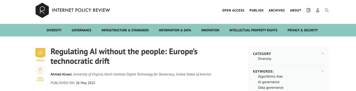 🚨New Publication🚨 @ Internet Policy Review Journal. As AI regulation advances, are we leaving the public behind? My latest op-ed explores how the EU AI Act risks becoming a technocratic effort detached from those most affected.policyreview.info/articles/news/…