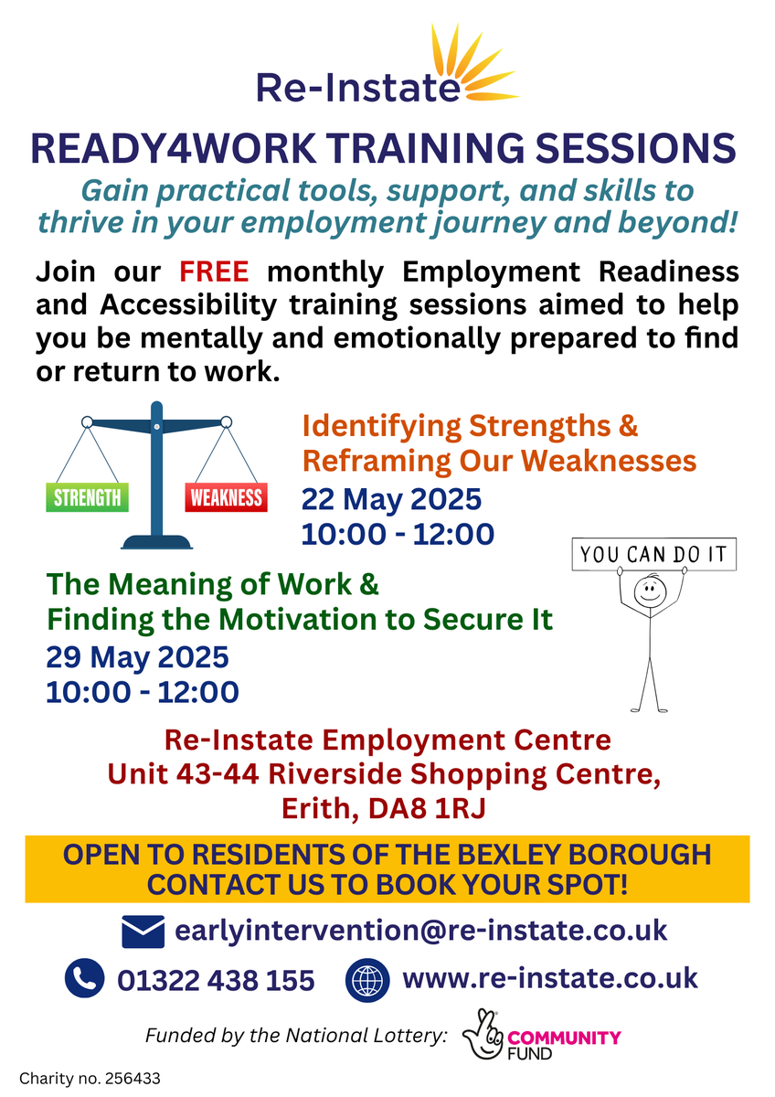 Re-Instate (@reinstateltd) on Twitter photo Join Our Free Training Sessions to Get You Ready4Work - Book now to confirm your spot for this Session!
Thursday 29th May (10:00 - 12:00)
The Meaning of Work and Finding the Motivation to Secure It
If you would like to attend, please email earlyintervention@re-instate.co.uk Join Our Free Training Sessions to Get You Ready4Work - Book now to confirm your spot for this Session!
Thursday 29th May (10:00 - 12:00)
The Meaning of Work and Finding the Motivation to Secure It
If you would like to attend, please email earlyintervention@re-instate.co.uk