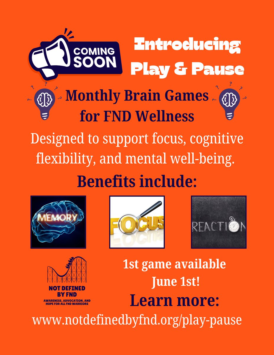 New brain game alert!  We’re kicking off a monthly series of fun, quick games designed to help retrain the brain and support cognitive health — especially for our FND warriors!

✨ First up: Focus Challenge

🕹️ Launching June 1st — details here 👉 notdefinedbyfnd.org/post/introduct…