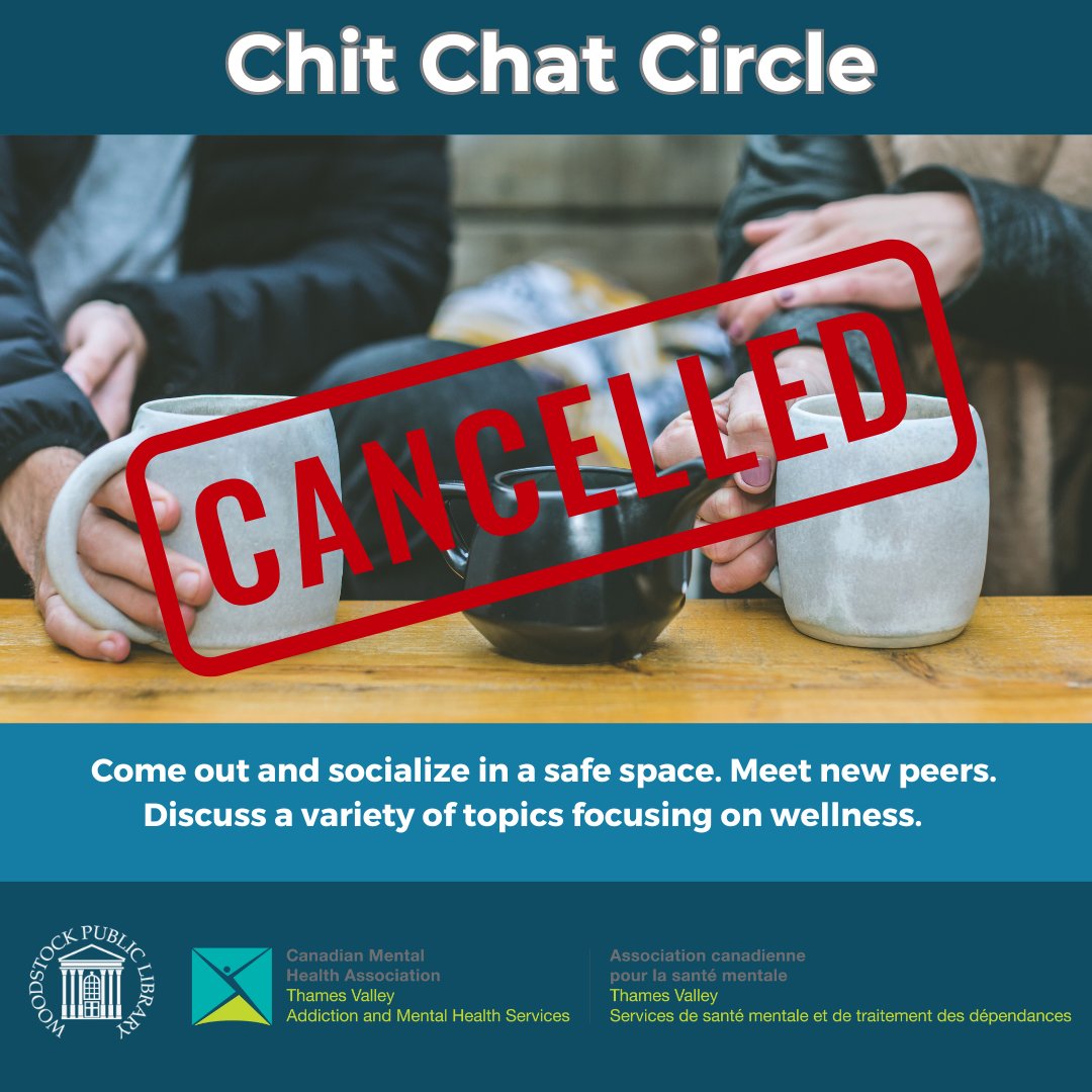 Chit Chat Circle has been cancelled for this afternoon.

We apologize for any inconvenience.