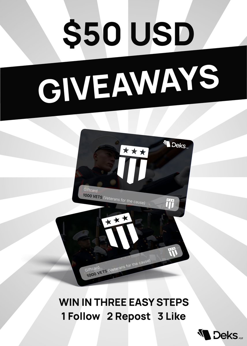 deksxyz's tweet photo. 🇺🇸 VETS GIVEAWAY SPECIAL 🎖️
To celebrate our first official token partner — $VETS — we’re launching a special giveaway this week!

🎁 $50 in $VETS gift cards are up for grabs!
That’s 5 winners, each getting $10 in $VETS, ready to use on https://t.co/8Al9mka550

📲 Every $VETS transaction supports veterans — real impact, powered by blockchain.

To enter:
1️⃣ Follow @deksxyz
2️⃣ Like this post ❤️
3️⃣ Retweet 🔁
4⃣Tag a friend

Winners announced Friday. Let’s spread the word and support the cause! 🫡

#CryptoGiveaway #VETS #BlockchainForGood #Deks