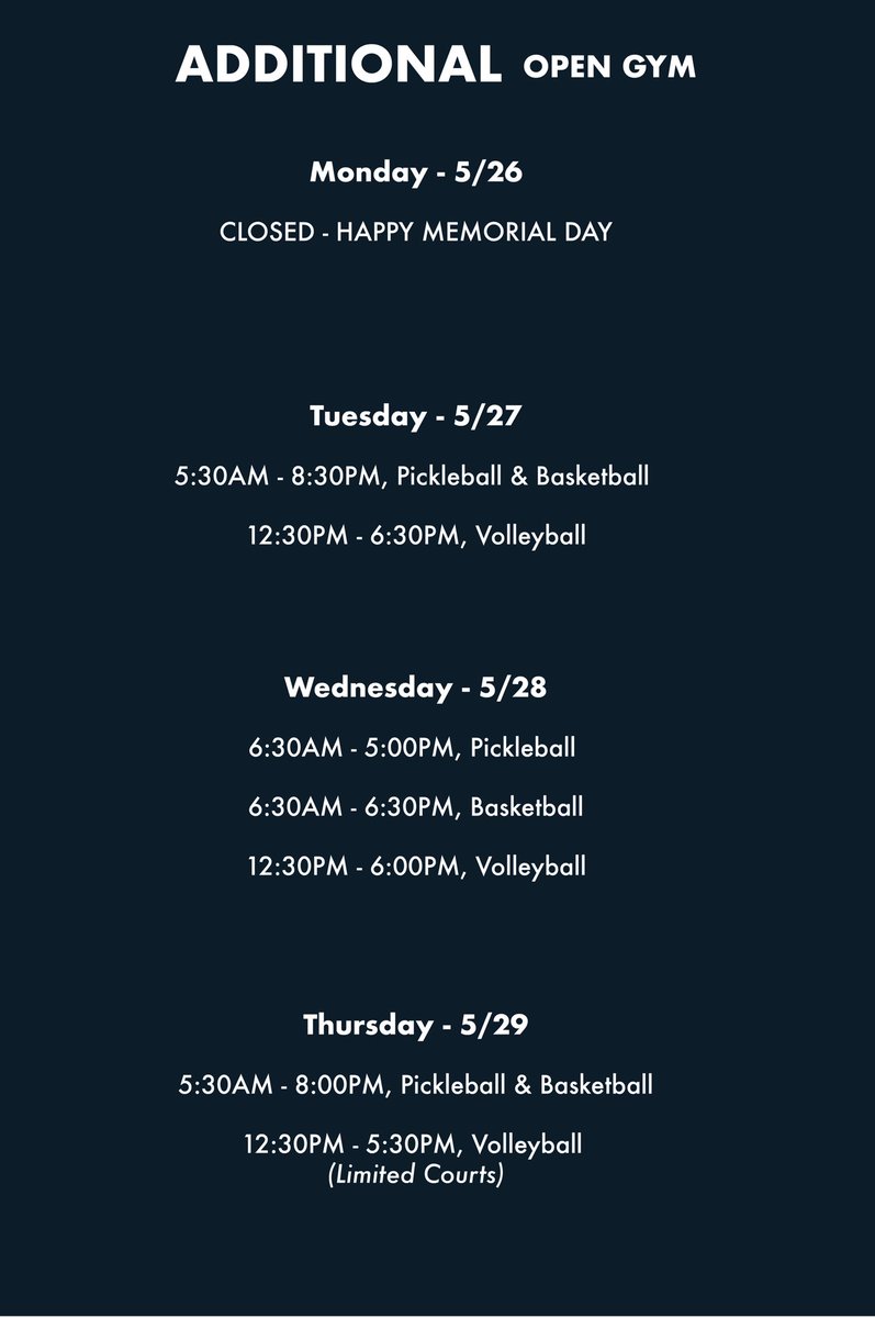 Good Morning!☀️ Here is this week Open Gym Schedule May 26 — June 1. Let’s have a great week! 

A special thank you to our sponsor Malta Asphalt for their support! 🙌

#halfmoon #ImpactAthleticCenter #week #sponsor #schedule #morning