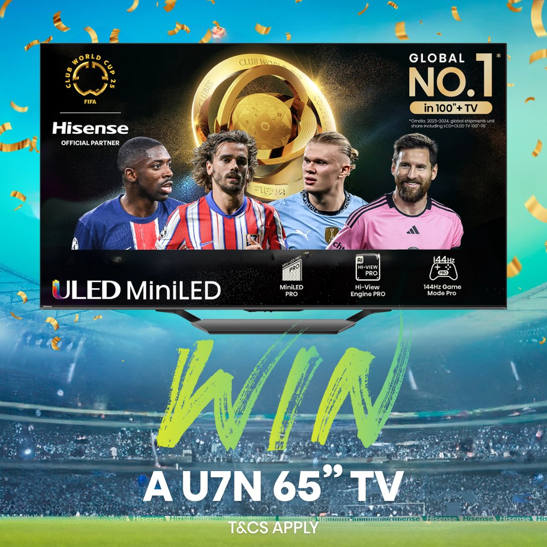 Hisense UK (@hisenseuk) on Twitter photo Win the ultimate set-up for The FIFA Club World Cup 2025™ with a brand new U7N Pro 65" TV ⚽
Want to win? Here's how to enter:
✅ Like this post
✅<a href="/HisenseUK/">Hisense UK</a> on X
✅ Tell us in the comments what team you think will win the @fifaclubworldcup! 👀👇
UK only. Click link in Win the ultimate set-up for The FIFA Club World Cup 2025™ with a brand new U7N Pro 65" TV ⚽
Want to win? Here's how to enter:
✅ Like this post
✅<a href="/HisenseUK/">Hisense UK</a> on X
✅ Tell us in the comments what team you think will win the @fifaclubworldcup! 👀👇
UK only. Click link in