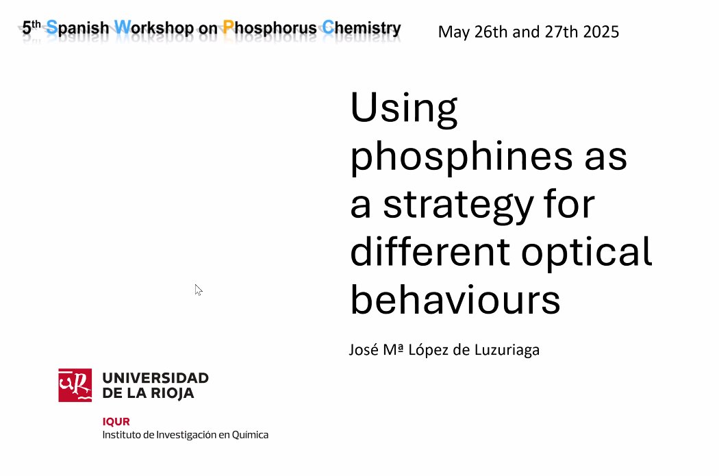 PhosChemSpain's tweet photo. Wrapping up the event on a high note! 🎉 Prof. @JMLdeLuzuriaga from the GEIMA group (@unirioja) delivers the final talk: "Using Phosphines as a Strategy for Different Optical Behaviours"⚛️"Nothing in life is to be feared, it is only to be understood" —Marie Curie
#SWPC2025 https://t.co/zPYqwhXTAA