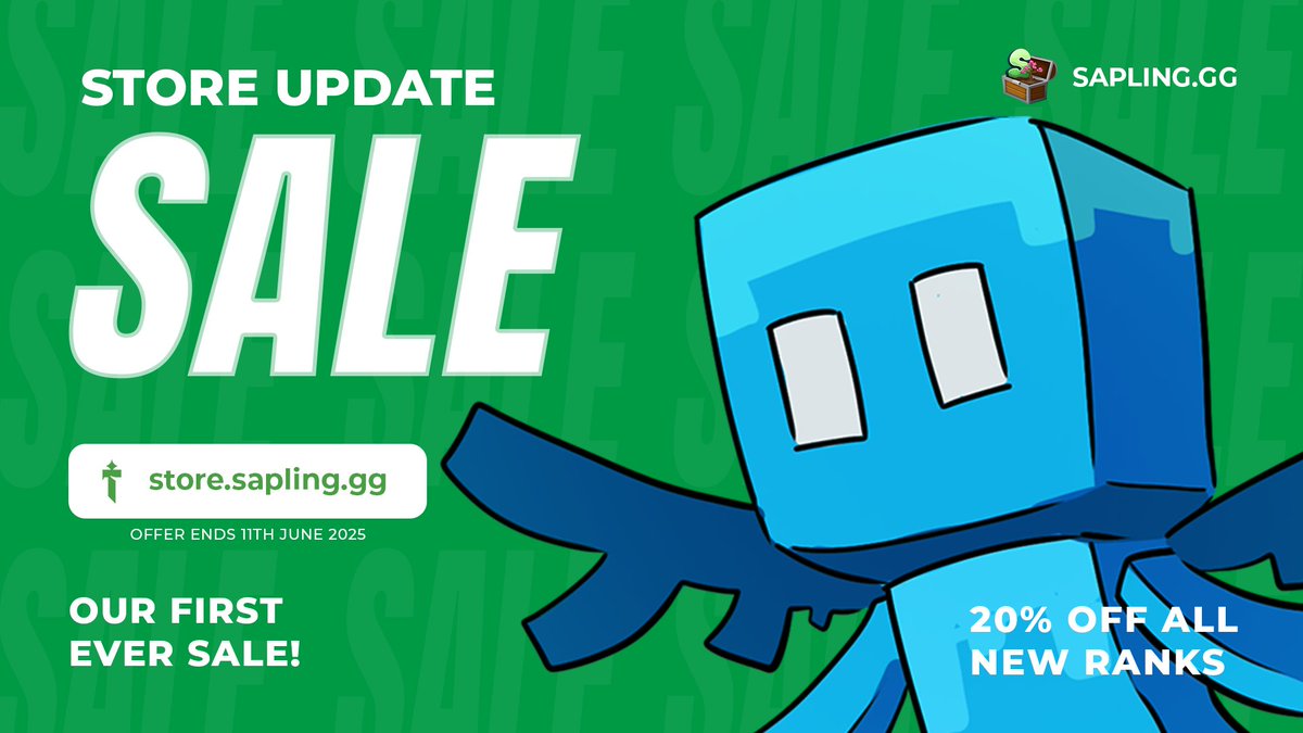 FLASH SALE!
Our brand new #tebex store is LIVE! now supporting players on both Java &amp; Bedrock! 

We’ve also refreshed all ranks for a better and more fair experience for all! Get "20% OFF our section of ranks!  

🕛 Sale ends: 11/06/25

👉 store.sapling.gg 

#PlaySapling