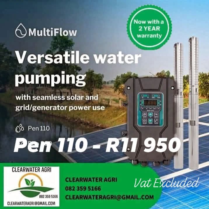 The Multiflow AC/DC Pen 110 2200W, High Quality, Hybrid Solar Water Pump plus Smart Controller R11 950.00 Vat &amp; Solar Panels Excluded .🔥
Features Include :               
110m Max Head 
15 800 l/h Max Flow .                              120m Submersible Depth.