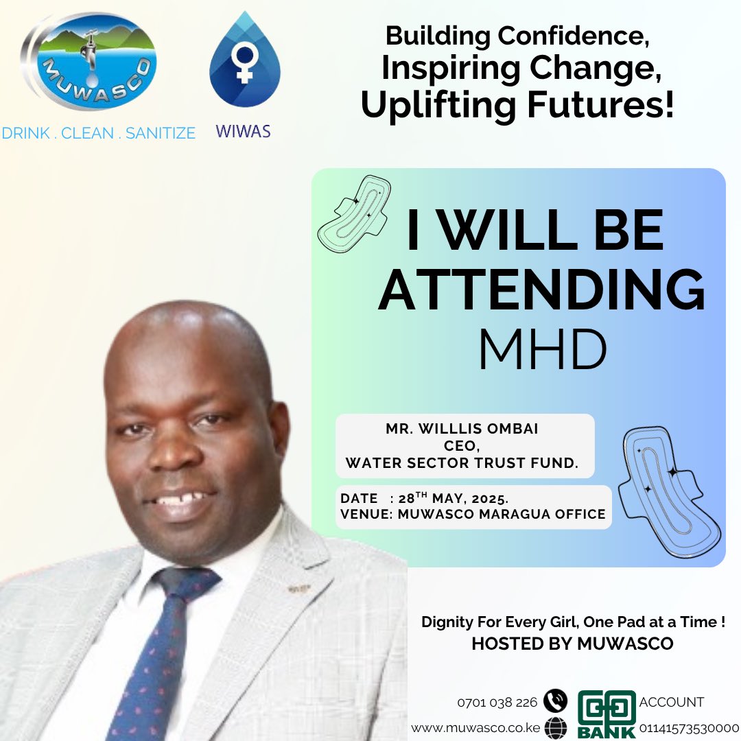 Mr. Willis Ombai, CEO – WSTF, confirms attendance at #MHD2025 hosted by MUWASCO!
📅 28th May
📍 Maragua Office
Let’s end period stigma—one pad at a time.
#PeriodWithDignity #WaterForGirls #MUWASCOCares
