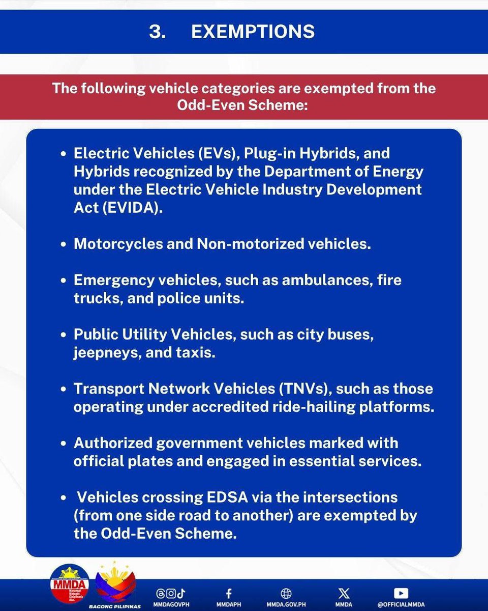 MMDA's tweet photo. 𝐓𝐈𝐍𝐆𝐍𝐀𝐍

Narito ang ilang gabay para sa mga motorista bilang preparasyon sa isang buwang dry run ng odd-even scheme na sa EDSA LAMANG na ipatutupad simula Hunyo 16 sa gitna ng nakaambang na #EDSARebuild.

Hinihikayat ng MMDA ang publiko na makiisa sa dry run sa pamamagitan ng pag-iwas sa EDSA kung kayo ay sakop ng number coding scheme upang maitala ang mga datos at makapagbalangkas ng mga traffic adjustment kung kinakailangan. 

#mmda 
#mmdaatyourservice