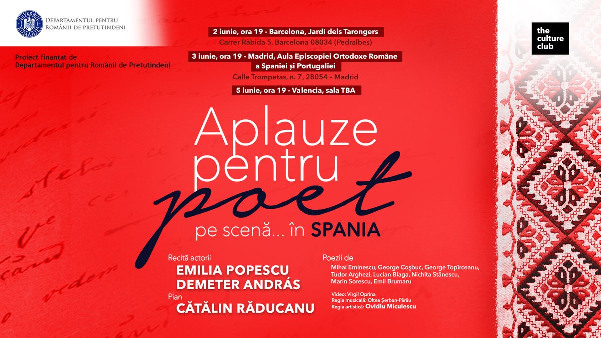 Instituto Cultural Rumano (@culturarumana) on Twitter photo Aplausos para el poeta en escenario... en Espaรฑa - espectรกculo de poesรญa rumana y mรบsica
๐2-5 JUN
๐BCN, Mad. y CVA
๐ซCon Departamentul pentru Romรขnii de Pretutindeni, <a href="/RumaniaenEspana/">Embajada de Rumanรญa en Espaรฑa</a> y los Consulados Generales de Rumanรญa en Barcelona y Valencia
icr.ro/madrid/aplauzeโฆ Aplausos para el poeta en escenario... en Espaรฑa - espectรกculo de poesรญa rumana y mรบsica
๐2-5 JUN
๐BCN, Mad. y CVA
๐ซCon Departamentul pentru Romรขnii de Pretutindeni, <a href="/RumaniaenEspana/">Embajada de Rumanรญa en Espaรฑa</a> y los Consulados Generales de Rumanรญa en Barcelona y Valencia
icr.ro/madrid/aplauzeโฆ