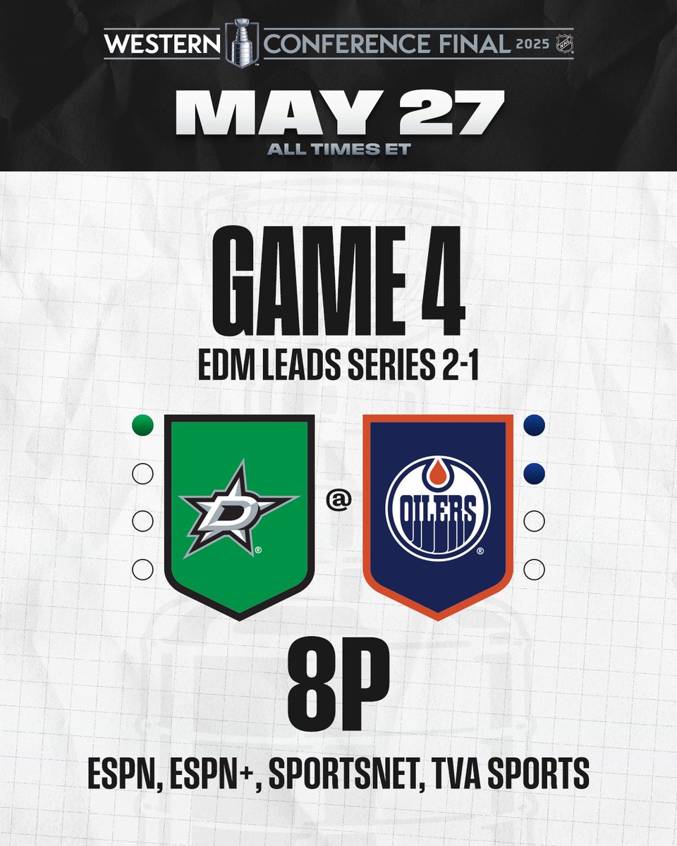 NHL (@nhl) on Twitter photo Will the Stars pull even in the Western Conference Final with a win or will the Oilers take a commanding 3-1 series lead? 🤔 #StanleyCup
📺: <a href="/DallasStars/">X - Dallas Stars</a> vs. <a href="/EdmontonOilers/">Edmonton Oilers</a> Game 4 TONIGHT at 8p ET on <a href="/espn/">ESPN</a>, <a href="/ESPNPlus/">ESPN+</a>, <a href="/Sportsnet/">Sportsnet</a>, and <a href="/TVASports/">TVA Sports</a> Will the Stars pull even in the Western Conference Final with a win or will the Oilers take a commanding 3-1 series lead? 🤔 #StanleyCup
📺: <a href="/DallasStars/">X - Dallas Stars</a> vs. <a href="/EdmontonOilers/">Edmonton Oilers</a> Game 4 TONIGHT at 8p ET on <a href="/espn/">ESPN</a>, <a href="/ESPNPlus/">ESPN+</a>, <a href="/Sportsnet/">Sportsnet</a>, and <a href="/TVASports/">TVA Sports</a>