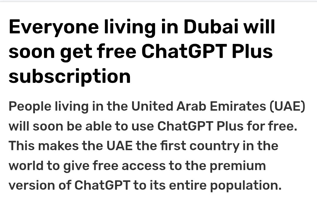 Dubai offering free ChatGPT Plus to all residents is a huge leap for AI access! This move will boost innovation, education, and digital skills citywide. Dubai is setting the bar for AI-driven societies! 🚀🤖 #Dubai #AI #OpenAI #ChatGPT

Full news -&gt; toi.in/scDeya/a24gk