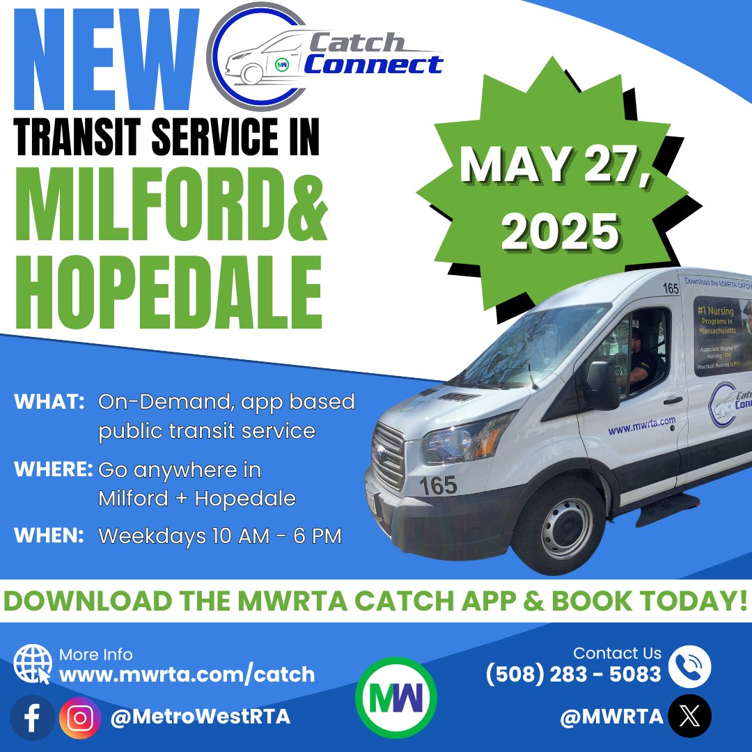 Today is a busy day for MWRTA.  Along with launching the 495 Connector &amp; Fixed Route summer route revisions - we also launched the new Milford/Hopedale Catch Connect service! 

Operating M-F, 10 AM - 6 PM, riders can take trips to &amp; from any address within the towns of Milford