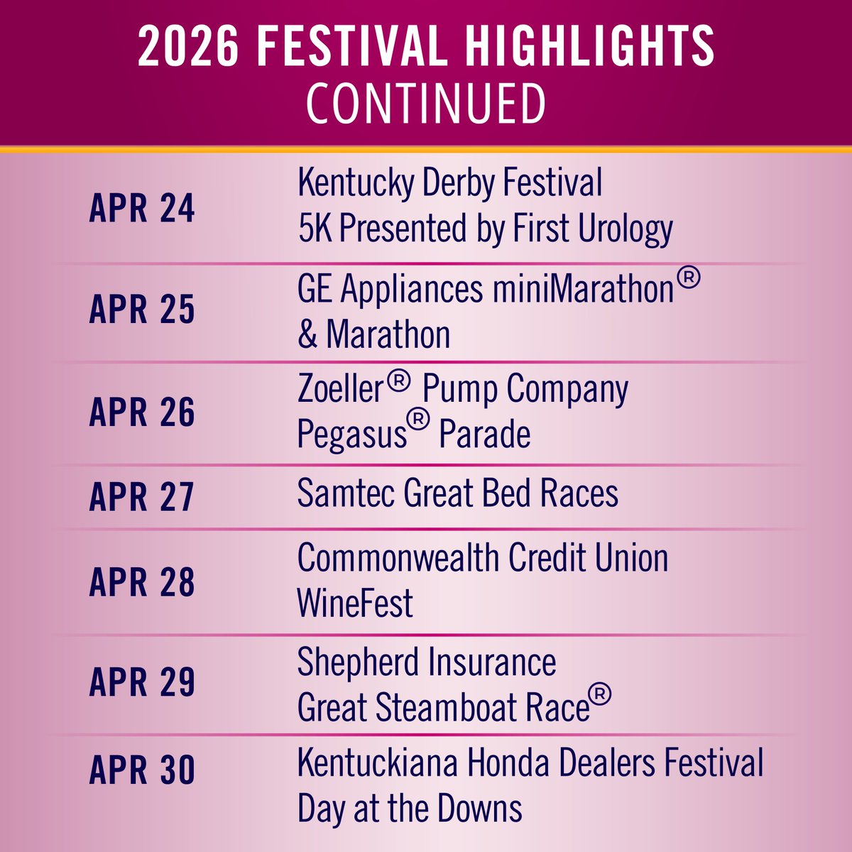 Save the dates! 📅

Your first look at the 2026 #KYDerbyFestival schedule is here! 😀

Swipe to see the dates for your favorite events!

DOWNLOAD HERE: bit.ly/4kBL7Av