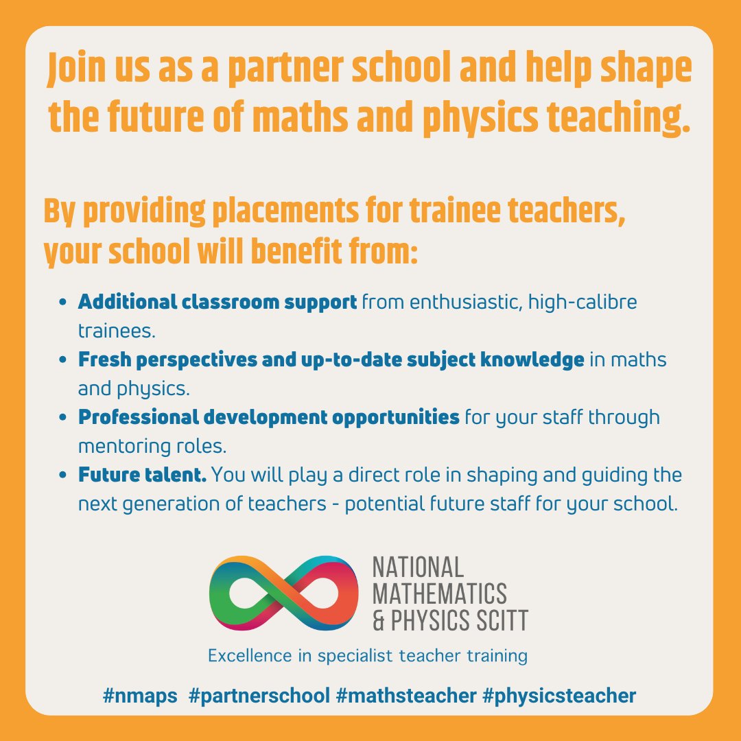 Calling all secondary schools! Become a partner school with one of our training hubs and help guide and mentor the next generation of maths and physics teachers! Contact us to learn more: ow.ly/xVwq50VZcs0
#nmaps #partnerschools #teachertraining