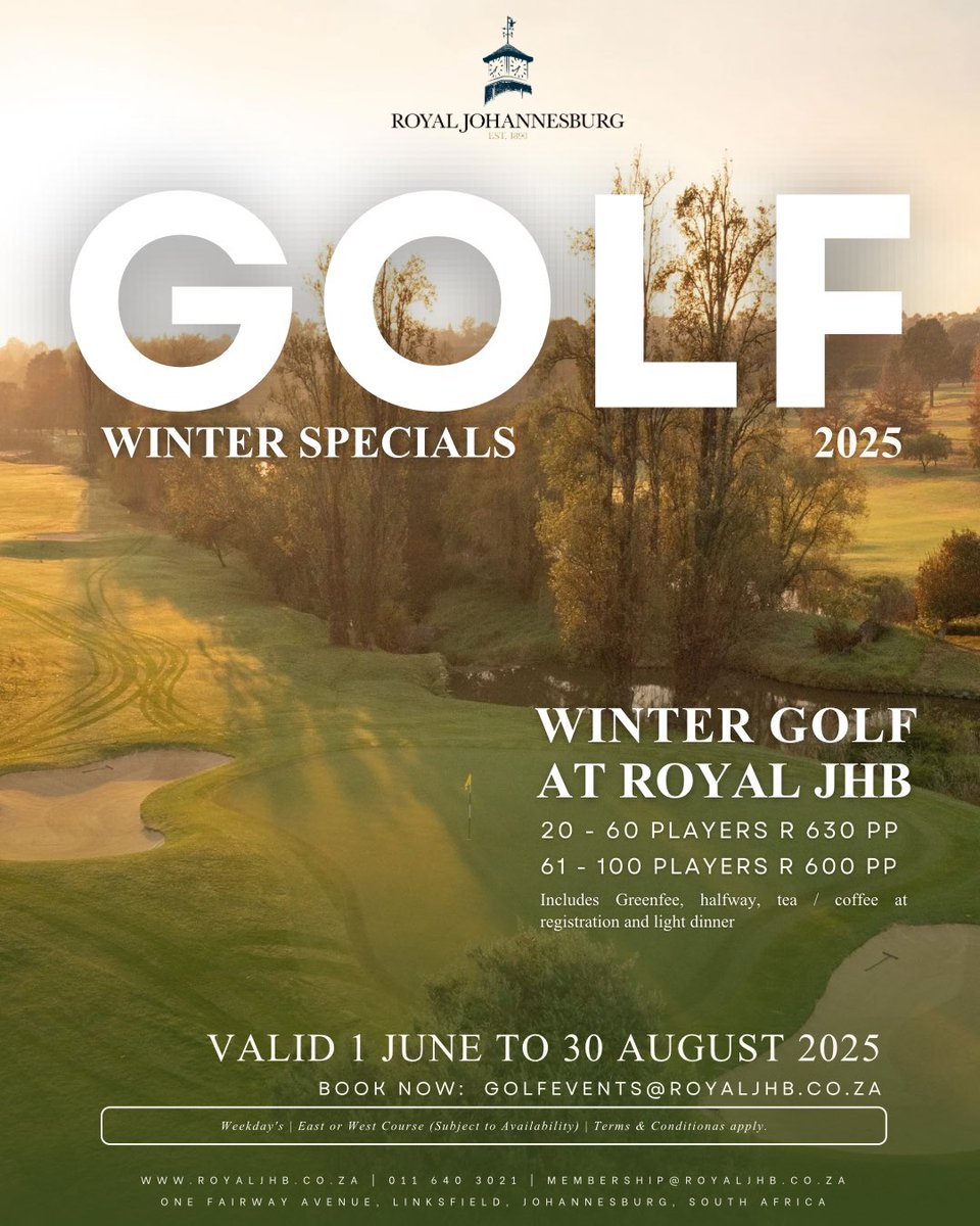 Royal Johannesburg (@royal_jhb_golf) on Twitter photo Warm up your winter with Royal Golf Day Special!!! Contact us today! ☎️0116403021 📧 golfevents@royaljhb.co.za. #Golf #golfday #joburggolf #golfspecial #theroyalexperience Warm up your winter with Royal Golf Day Special!!! Contact us today! ☎️0116403021 📧 golfevents@royaljhb.co.za. #Golf #golfday #joburggolf #golfspecial #theroyalexperience