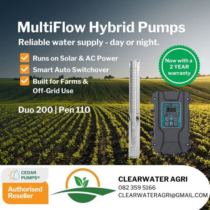 The Multiflow AC/DC Duo 200, 2200W, High Quality, Hybrid Solar Water Pumps works with Solar and/or Eskom/Generator power sources. R 12 060.00 Vat  and Solar Panels Excl.
Key Features Include :     
200m Max Head .                     
10 500 l/h Max Flow 
120m Submersible Depth