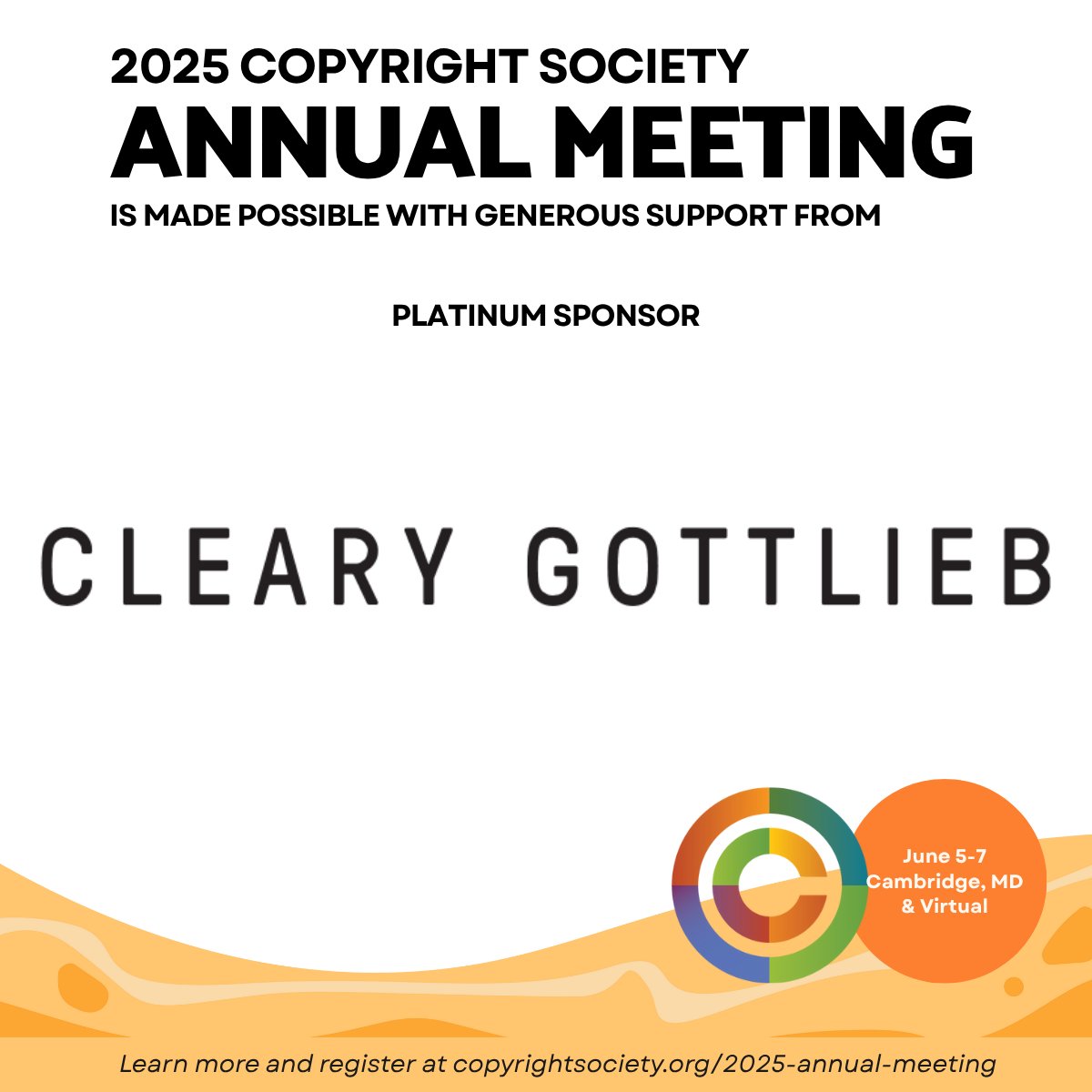 🌟 A huge shoutout to @clearygottlieb for their generous support as a Platinum Sponsor of the 2025 Annual Meeting!

If you haven’t registered yet, now’s the time: copyrightsociety.org/event/2025-ann…

#2025AnnualMeeting #CopyrightAM #Copyright #CopyrightSociety