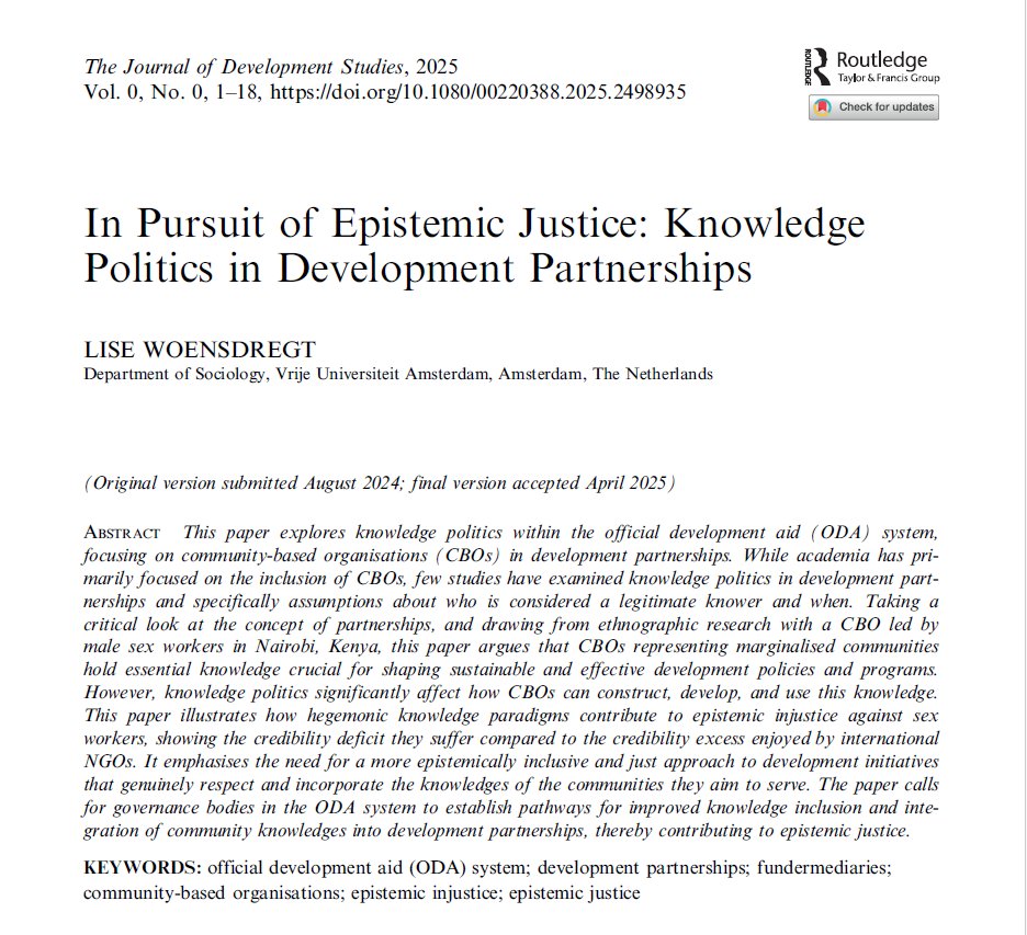 JDevStudies's tweet image. New in #JDevStudies! 

Woensdregt [@WoeLise] examines how community-led organizations in 🇰🇪 are often excluded from real decision-making despite their critical on-the-ground insights.

Read more 👉🏽: doi.org/10.1080/002203…