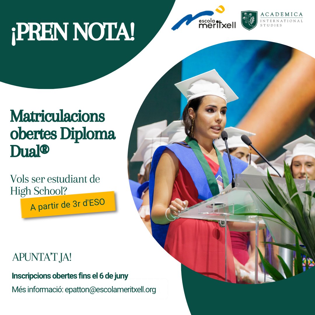 🚨 Últims dies! Les inscripcions són obertes fins al 6 de juny!

🎓 Vols que el teu fill o filla obtingui el Batxillerat Dual (Espanyol + Nord-americà)? A l'Escola Meritxell ho fem possible amb el programa High School d'Academica. 
#BatxilleratDual #Mataró #FormacióInternacional