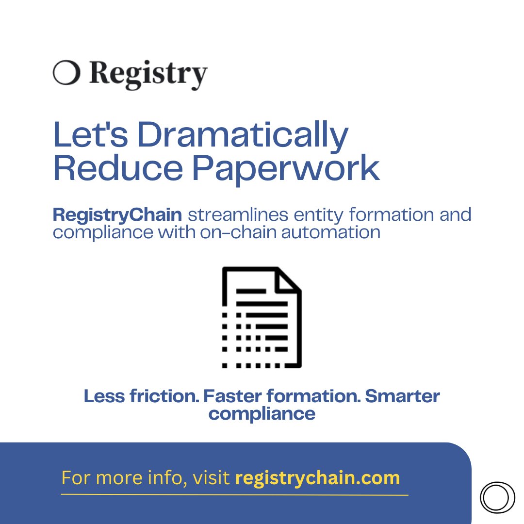 RegistryChain's tweet image. We won’t eliminate paperwork, but with RegistryChain, most of it disappears. Entity creation, amendment, and verification are accelerated through smart contracts, with only minimal, targeted manual input when needed.

#LegalTech #EntityFormation #SmartContracts #EntityID