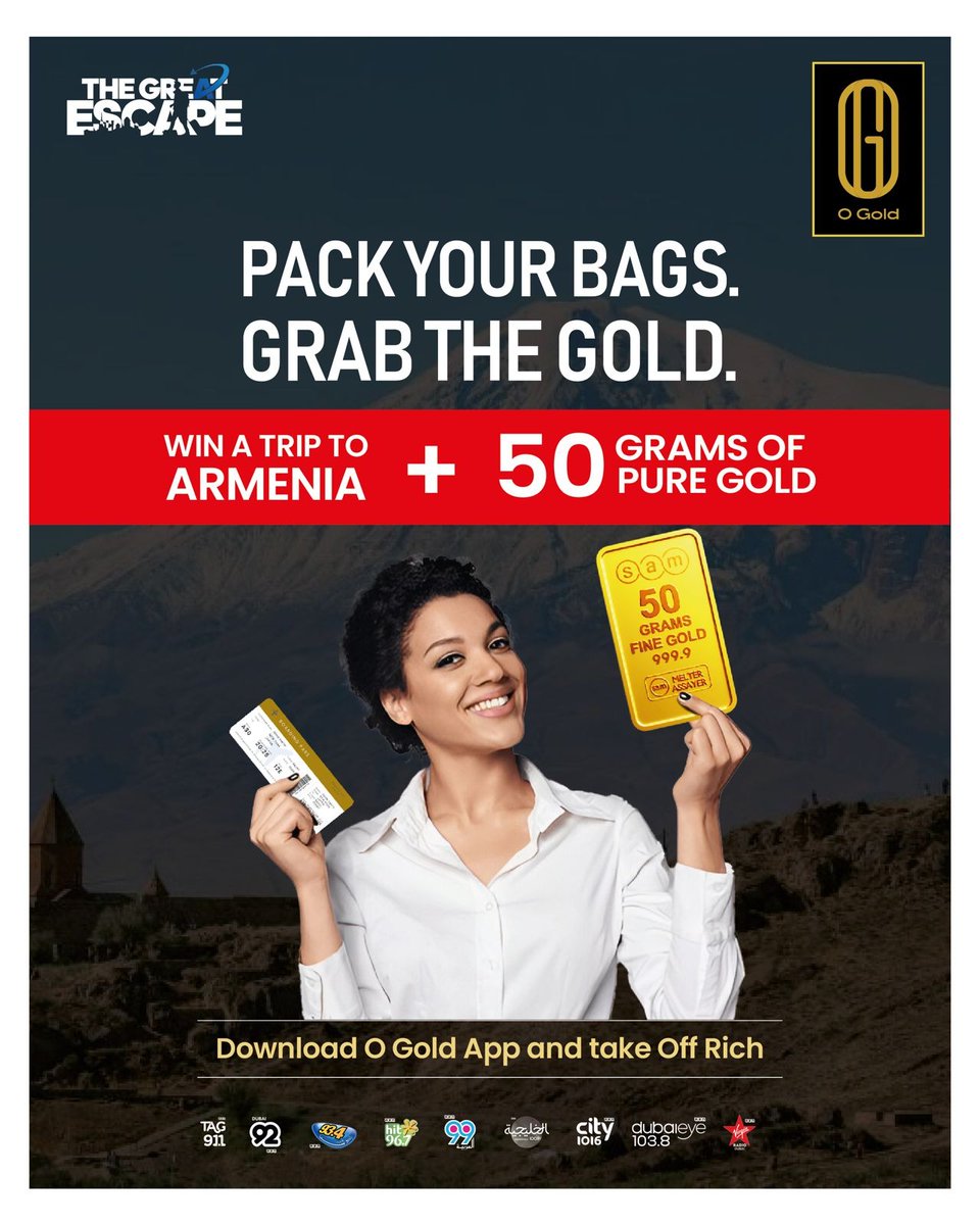 OgoldApp's tweet image. Jet. Set. GOLD.

What if your next app download took you to Armenia… and made you 50 grams of gold richer?
All you need to do is download the O Gold app and register. Easy.

Adventure is calling — and it’s glittering.

#JetSetGold #OGoldApp #DownloadAndWin #AdventureAwaits