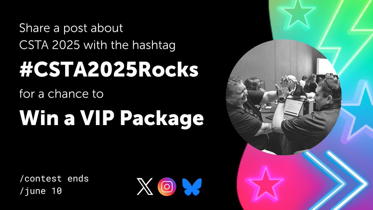 Registered for CSTA 2025? Post about it using #CSTA2025Rocks on X, Bluesky, or Instagram from now until June 10 for a chance to win a VIP experience at our annual conference! 

Learn more about eligibility, the entry process, and prize details here: ow.ly/kNx550VZgOj