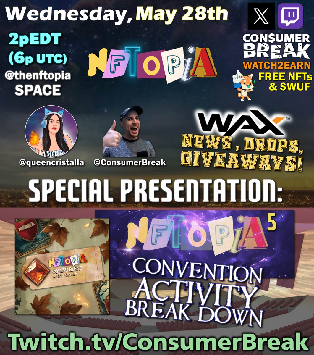 🎉Join our Wednesday X Space! Featuring <a href="/WAX_io/">WAX</a> news, giveaways, and SPECIAL PRESENTATION breaking down the #NFTOPIA 5 Metaverse Convention ACTIVITIES!

🗓️Wed, May 28 @ 2pET (6pUTC)
📍Set reminder: x.com/i/spaces/1BRJj…

👋OPEN FLOOR - all creators are welcome to introduce