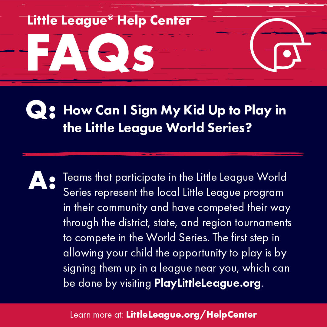 LittleLeague's tweet image. Help Center FAQ: How Can I Sign My Kid Up to Play in the Little League World Series?
→ LittleLeague.org/Help-Center/