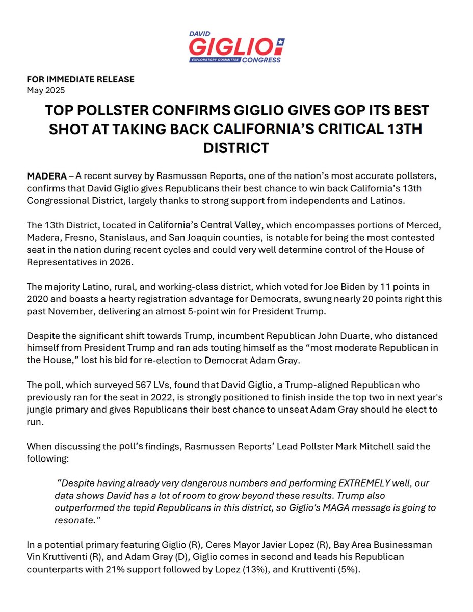 DavidGiglioCA's tweet image. 🚨ALERT🚨TOP POLLSTER CONFIRMS GIGLIO GIVES GOP IT’S BEST SHOT AT TAKING BACK #CA13
President Trump historically carried California’s 13th Congressional District by nearly 5 points this past November. Despite President Trump swinging the district almost 20 points to the right,…