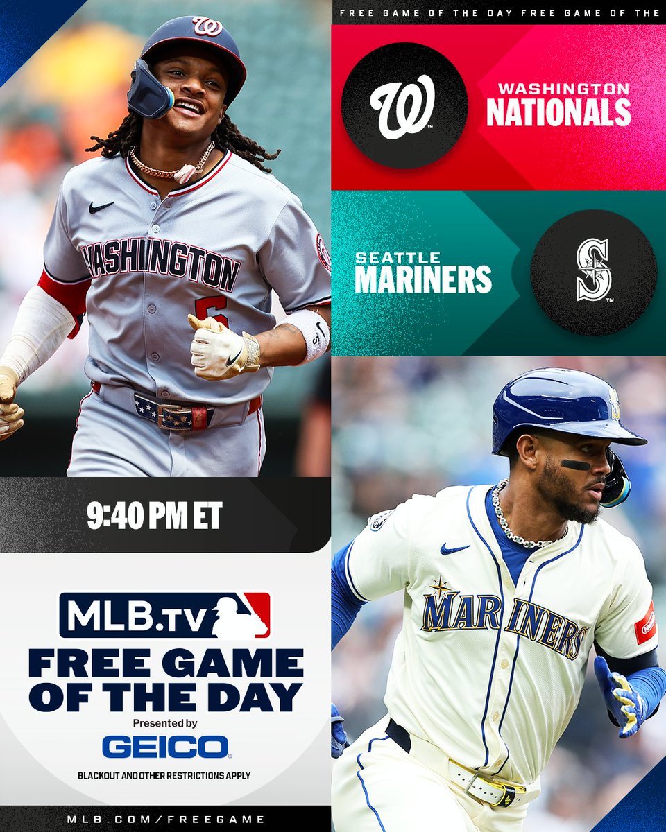 MLB.TV (@mlbtv) on Twitter photo CJ Abrams and the <a href="/Nationals/">Washington Nationals</a> battle Julio Rodríguez and the <a href="/Mariners/">Seattle Mariners</a> tonight in Seattle.
Watch for FREE at 9:40 PM ET on #MLBTV
(MLB x GEICO) CJ Abrams and the <a href="/Nationals/">Washington Nationals</a> battle Julio Rodríguez and the <a href="/Mariners/">Seattle Mariners</a> tonight in Seattle.
Watch for FREE at 9:40 PM ET on #MLBTV
(MLB x GEICO)