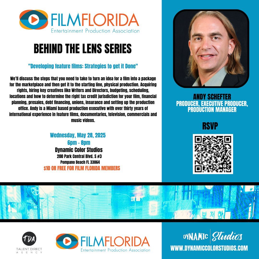 Film Florida (@filmflorida) on Twitter photo Last Call: Behind the Lens: “Developing Feature Films: Strategies To Get It Done” w/Andy Schefter, Wed. 5/28, 6-8pm, Dynamic Color Studios in Pompano Beach. $10 admission, FREE for Film Florida members (email info@FilmFlorida.org for code).
Register at buff.ly/V4jjIma Last Call: Behind the Lens: “Developing Feature Films: Strategies To Get It Done” w/Andy Schefter, Wed. 5/28, 6-8pm, Dynamic Color Studios in Pompano Beach. $10 admission, FREE for Film Florida members (email info@FilmFlorida.org for code).
Register at buff.ly/V4jjIma