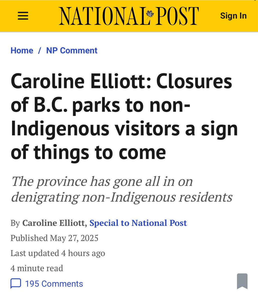 My op-ed in the <a href="/nationalpost/">National Post</a> on the closure of BC parks to non-Indigenous visitors. 
We’re hurtling toward a future of division, exclusion &amp; resentment, but it’s not inevitable.
Let’s remind our government, each of us has as much right to our parks &amp; public lands as anyone else.