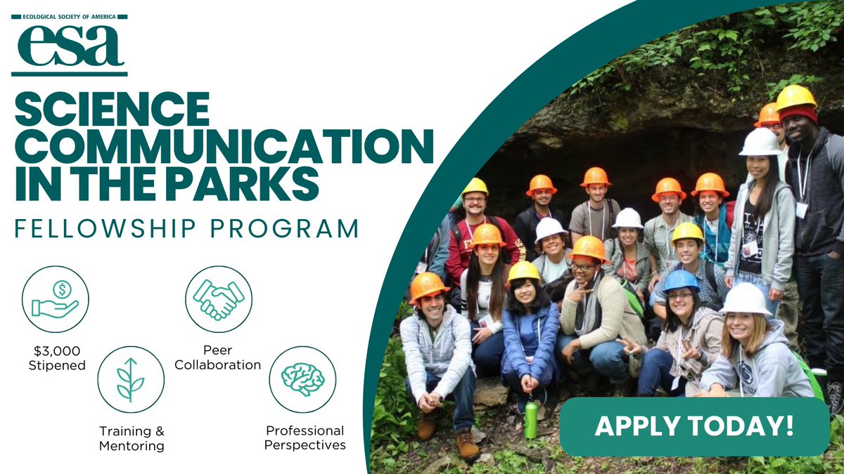 Ecological Society (@esa_org) on Twitter photo We are excited to announce that applications are open for our 2025 cohort of Science Communication in the Parks program, working w/ <a href="/NatlParkService/">National Park Service</a>. Fellows get a $3k stipend, training, mentoring and a final portfolio project learn more & apply by 6/20: esa.org/programs/scip/… We are excited to announce that applications are open for our 2025 cohort of Science Communication in the Parks program, working w/ <a href="/NatlParkService/">National Park Service</a>. Fellows get a $3k stipend, training, mentoring and a final portfolio project learn more & apply by 6/20: esa.org/programs/scip/…