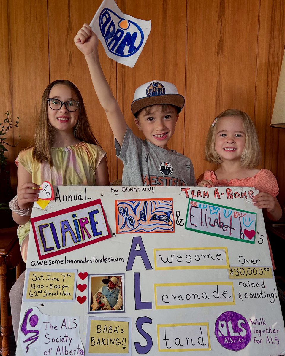 Let’s go!

Claire, Adam &amp; Elizabeth’s 8th annual Awesome Lemonade Stand in support of <a href="/ALS_AB/">ALS Society of AB</a>.

June 7th from noon — 5pm on the corner of 62 St &amp; Ada Blvd. 

An absolutely wild $30K raised to date thanks to your kindness &amp; generosity. 

Pencil us in, bring your cheque book 💛💜