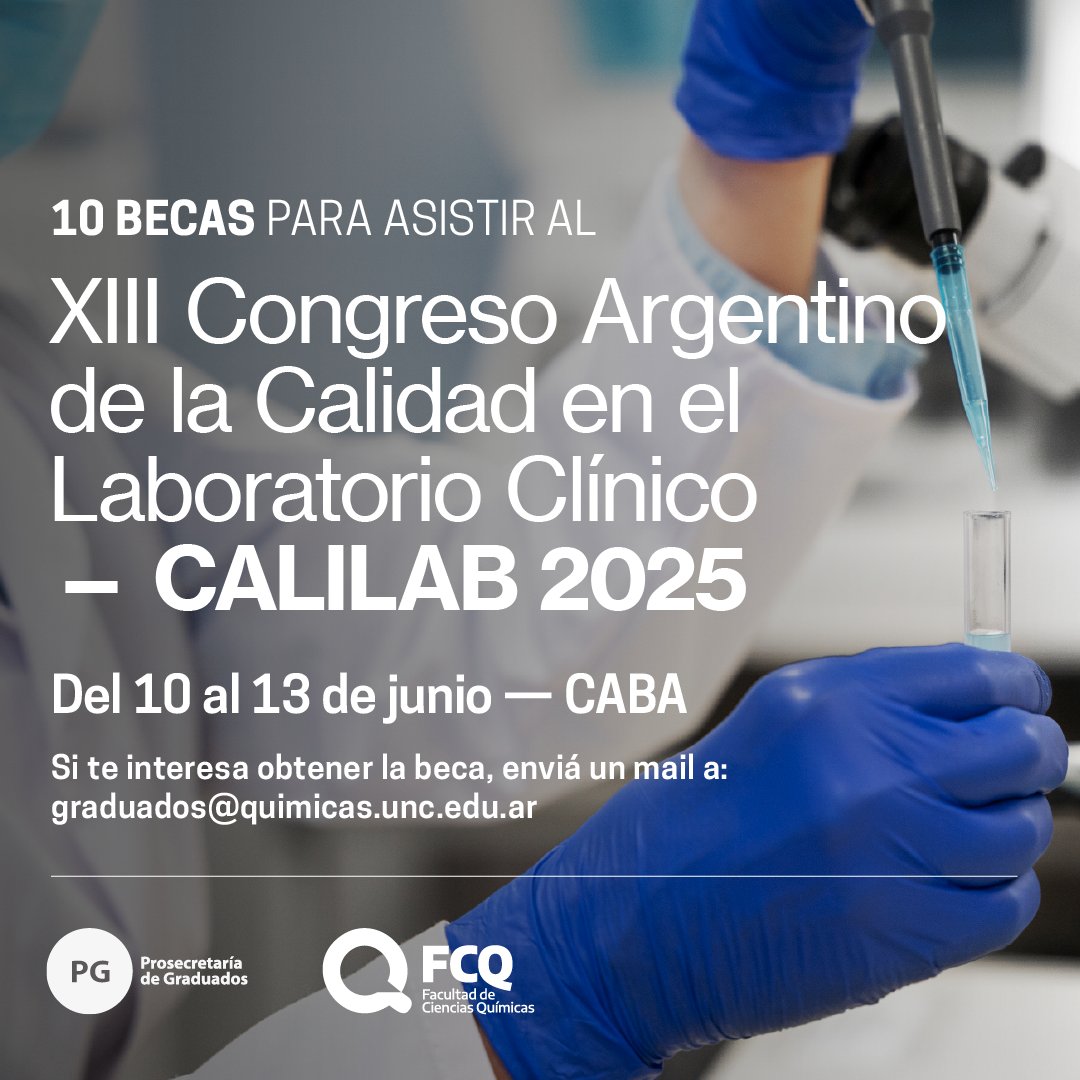 Facultad de Ciencias Químicas UNC (@fcqoficial) on Twitter photo 🧫Desde la Prosecretaría de Graduados de la @fcqunc ponemos a disposición 10 becas para asistir al 75° Congreso Argentino de Bioquímica -ABA 2025- a realizarse del 10 al 13 de junio en el hotel Marriott Buenos Aires. 👋 Enviá un correo a: graduados@quimicas.unc.edu.ar 📧 🧫Desde la Prosecretaría de Graduados de la @fcqunc ponemos a disposición 10 becas para asistir al 75° Congreso Argentino de Bioquímica -ABA 2025- a realizarse del 10 al 13 de junio en el hotel Marriott Buenos Aires. 👋 Enviá un correo a: graduados@quimicas.unc.edu.ar 📧