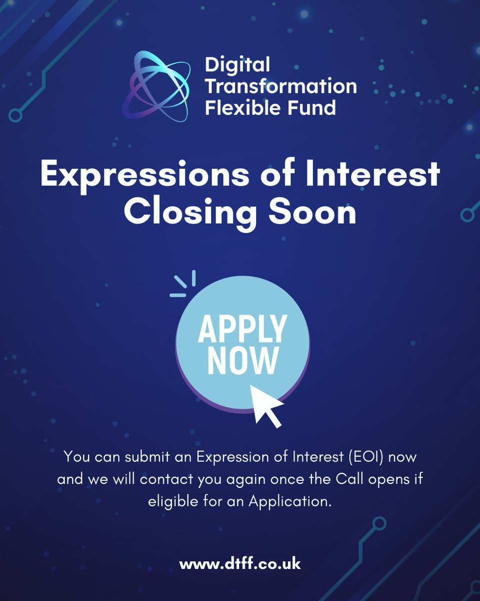 Getting started with DTFF is simple.

#DTFF helps NI small businesses fund advanced digital tech.

You don’t need to be techy or have a full application.

Just a clear idea of how tech could help.

EOI is open. Deadline: 11 July at 12 noon.
🔗dtff.co.uk/apply-now/

#TechFunding