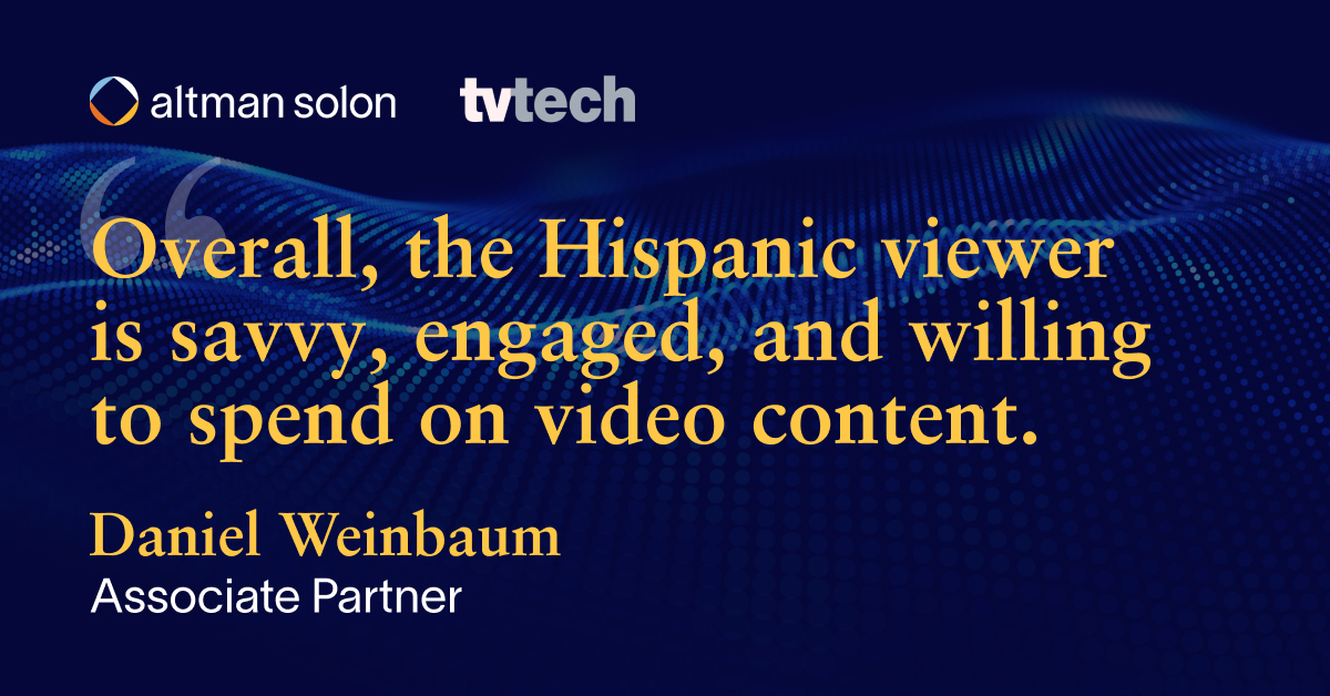 🗣️75% of Hispanic video viewers speak Spanish.
But most want content that blends Spanish and English.
Daniel Weinbaum explains the impact for advertisers in <a href="/TVTechnology/">TV Tech</a>: altmnsol.co/4myxQuv
#MultilingualMarketing #HispanicConsumers #AltmanSolon