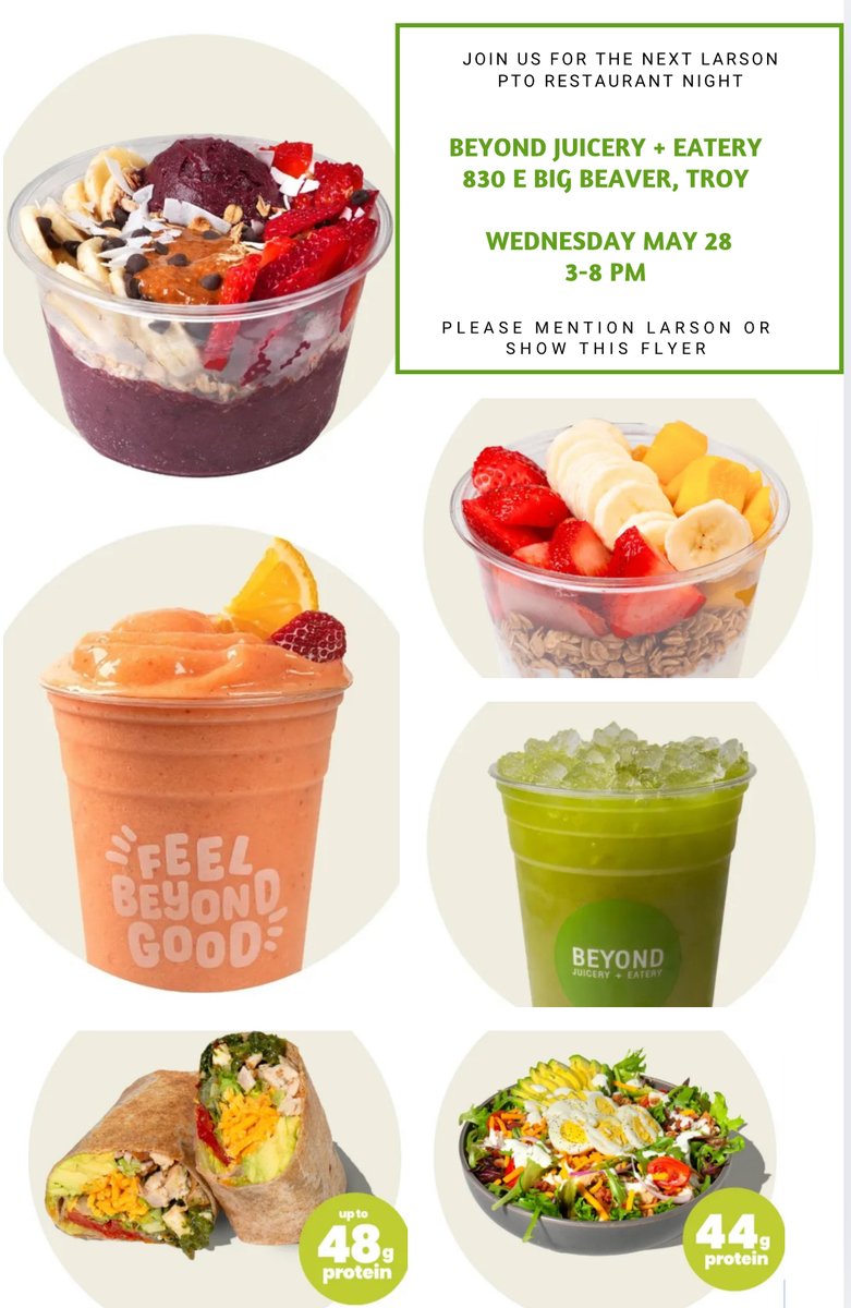 Larson Middle School (@larsonms) on Twitter photo Join us for the next restaurant night at Beyond Juicery + Eatery (Big Beaver location) on May 28 from 3 -8 pm. Thank you for supporting <a href="/LarsonMS/">Larson Middle School</a> PTO. Join us for the next restaurant night at Beyond Juicery + Eatery (Big Beaver location) on May 28 from 3 -8 pm. Thank you for supporting <a href="/LarsonMS/">Larson Middle School</a> PTO.