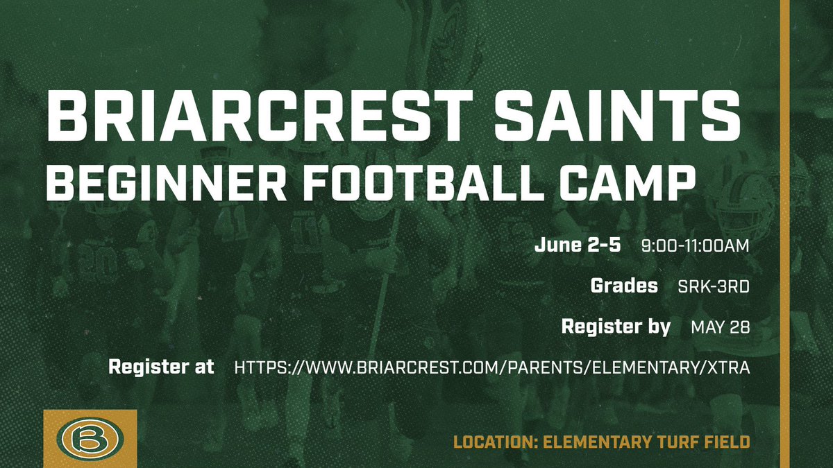 There’s still time to register for our Beginner Football Camp next week for SrK-3rd graders. Register here: briarcrest.com/parents/elemen…