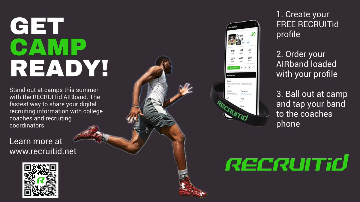 Summer football camps = your shot to shine 🔥
Make sure coaches can find your film, stats, &amp; contact info on the spot with the RECRUITid AIRband 📲

Your profile. One tap away.
🎯 Don’t hit camp without it: recruitidshop.square.site/airbands

#RECRUITid #FootballRecruiting #AIRband
