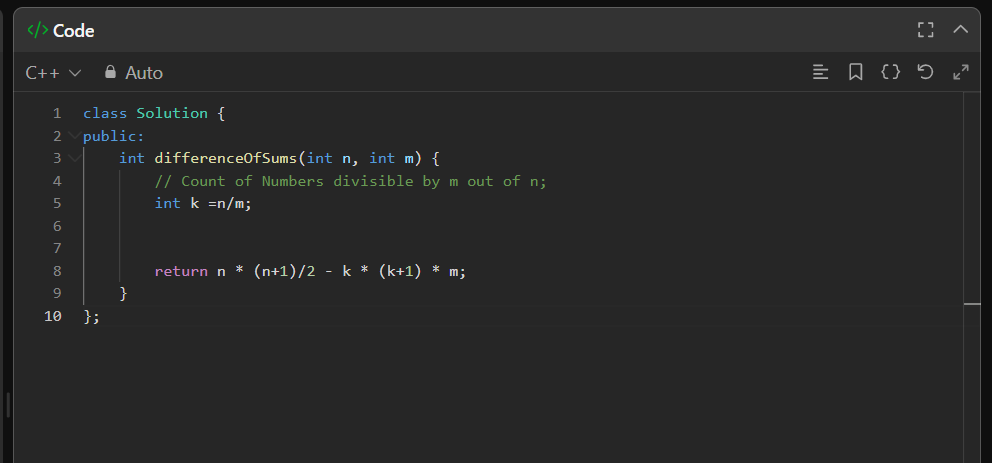 TilluCoder's tweet image. POTD 
- Divisible and Non-divisible Sums Difference - O(1) soln
#LeetCode #Coding
