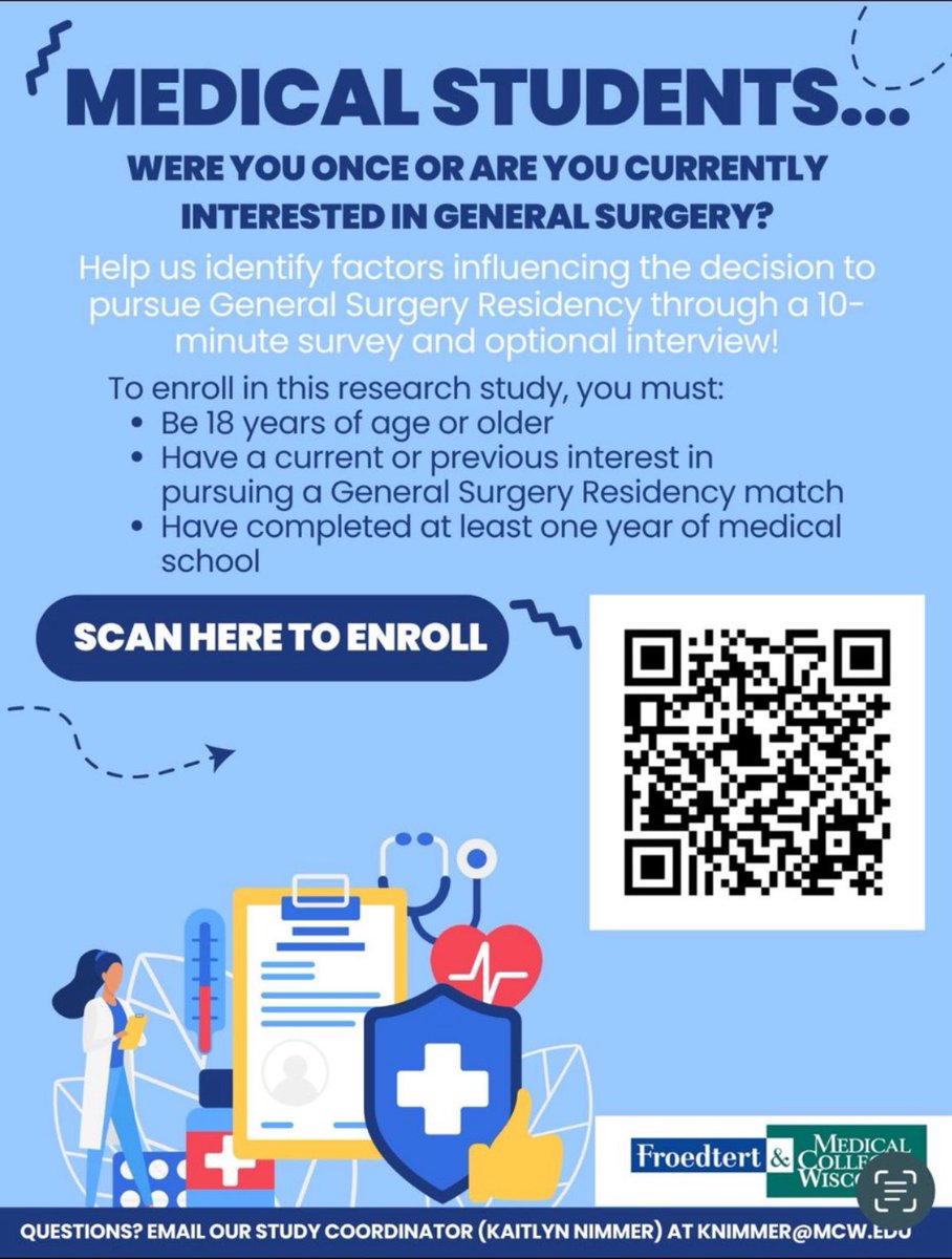 Michael Denning, MBA, MPH (@futuremdx2) on Twitter photo Hello! Please take our short survey to help us better understand factors affecting medical studentsā interest in General Surgery! All M2-M4 medical students who are or were interested in General Surgery are eligible to participate. Enroll here: mcwisc.co1.qualtrics.com/jfe/form/SV_9E⦠Hello! Please take our short survey to help us better understand factors affecting medical studentsā interest in General Surgery! All M2-M4 medical students who are or were interested in General Surgery are eligible to participate. Enroll here: mcwisc.co1.qualtrics.com/jfe/form/SV_9Eā¦