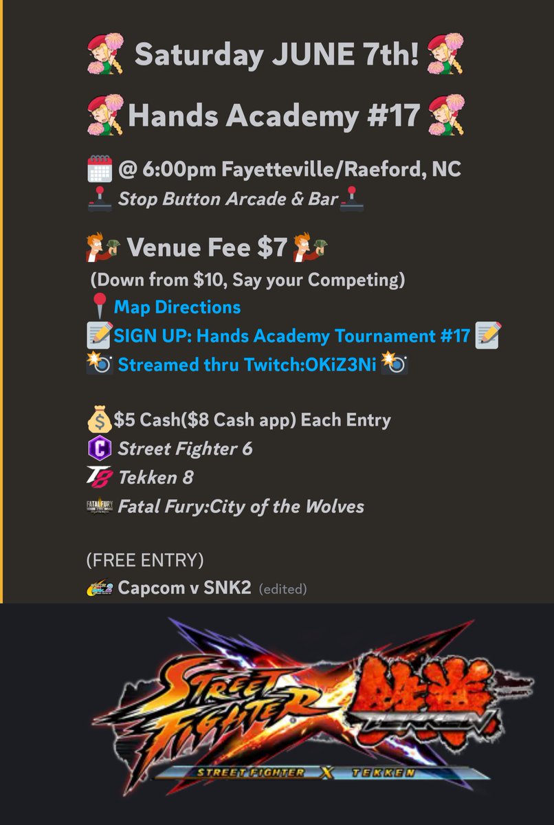 HAAC#17 🗓️ June 7th @ 6pm
SF6 | Tekken 8 | FF:CotW | CVS 2
$5 | $5 | $5 | FREE ENTRY
Host by <a href="/stopbuttonbar/">Stop_Button</a>
start.gg/tournament/sb-…