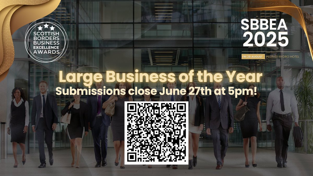 🏆 Think your company has what it takes to win Large Business of the Year at #SBBEA2025? 

Based in the Scottish Borders, 251+ employees, Outstanding growth, innovation &amp; leadership. Entry is FREE

🔗 Enter now: #BusinessAwards #ScottishBorders #Leadership #Innovation #Growth