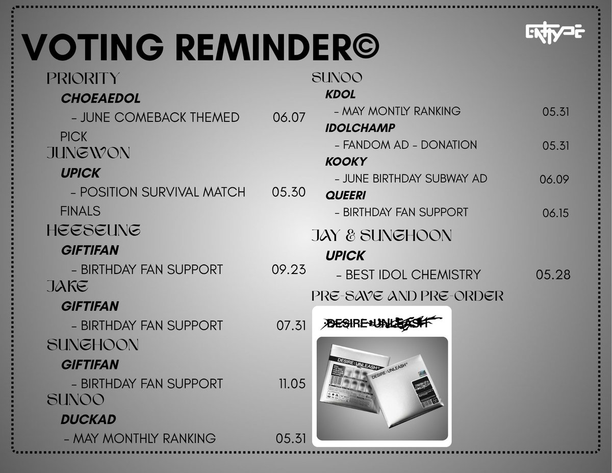 𝗩𝗢𝗧𝗜𝗡𝗚 𝗥𝗘𝗠𝗜𝗡𝗗𝗘𝗥‼️📣

ENGENEs! Here is the list of the currently ongoing votings for #ENHYPEN. We encourage you to take the time to collect and cast your votes in these apps. Let's secure and reach every voting goal!

<a href="/ENHYPEN_members/">ENHYPEN</a> #엔하이픈 #ENFuelUp