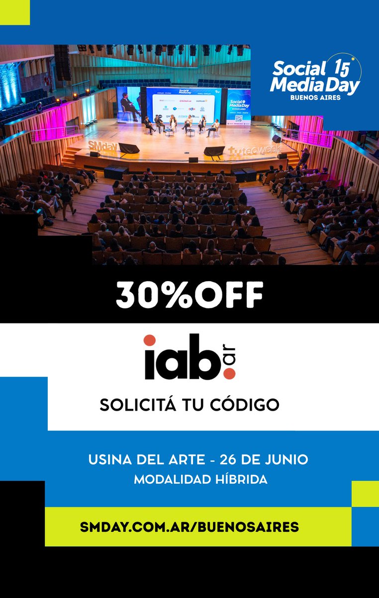 IAB Argentina (@iab_argentina) on Twitter photo 📢 ¡El 26 de junio nos encontramos en Buenos Aires en el <a href="/smdayARG/">Social Media Day Argentina</a>! Si sos socio de <a href="/IAB_Argentina/">IAB Argentina</a> envianos un DM para acceder al 30% off en la compra de entradas.
Más información en smday.com.ar/buenosaires #SMDayAR 📢 ¡El 26 de junio nos encontramos en Buenos Aires en el <a href="/smdayARG/">Social Media Day Argentina</a>! Si sos socio de <a href="/IAB_Argentina/">IAB Argentina</a> envianos un DM para acceder al 30% off en la compra de entradas.
Más información en smday.com.ar/buenosaires #SMDayAR