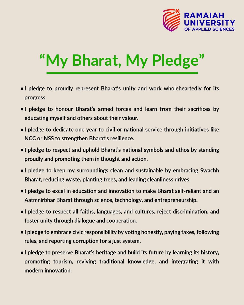 MS Ramaiah University of Applied Sciences joins the nationwide #YuvaShakti, Bharat Ki Shakti initiative.
On May 28 at 11 AM, our students will take the national pledge alongside youth across India—One Youth, One Nation, One Resolve.
#RUAS