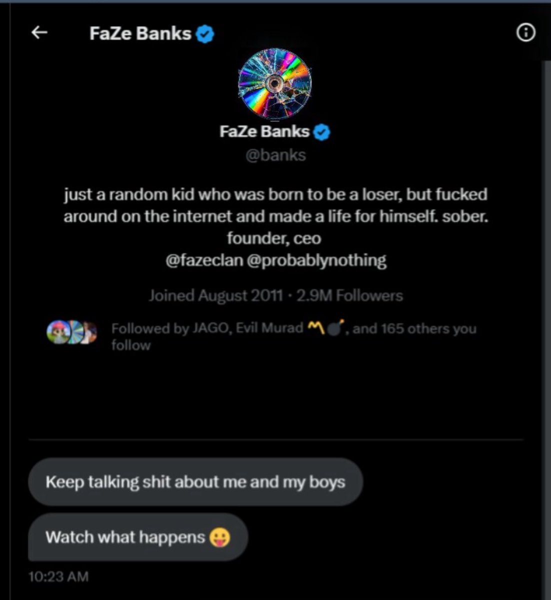 Bh2800's tweet image. Faze “MAX EXTRACT” Banks sends me a “threatening” DM after I EXPOSED him and his gang of SCAMMERS. “Keep exposing us and see what happens” Reminder it’s not ME they’re after it’s YOU and your SOL. He truly lost it after his public MENTAL BREAKDOWN dancing on a stripper pole at…
